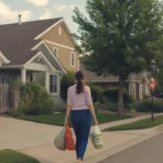 Woman carrying groceries up driveway of suburban home in Centennial, Colorado
