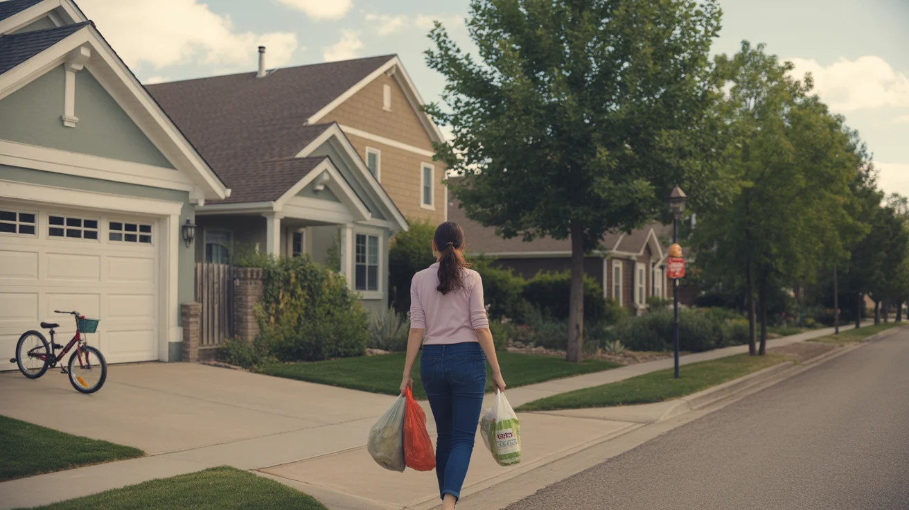 Woman carrying groceries up driveway of suburban home in Centennial, Colorado
