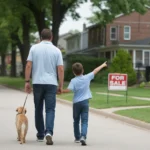 Father and son walk their dog past a home for sale in a modest Joliet IL neighborhood
