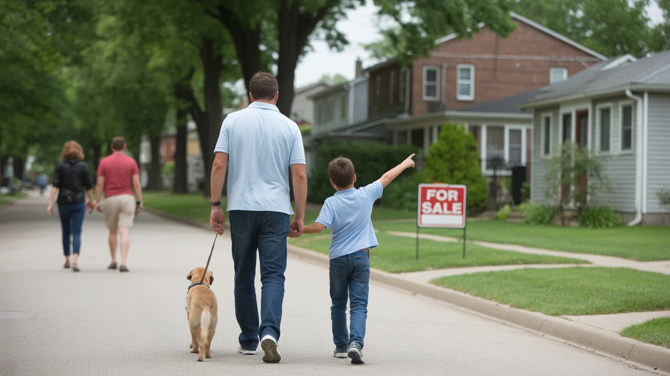 Father and son walk their dog past a home for sale in a modest Joliet IL neighborhood