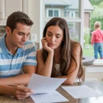 Couple reviews mortgage papers in the kitchen of their new upscale Naperville home