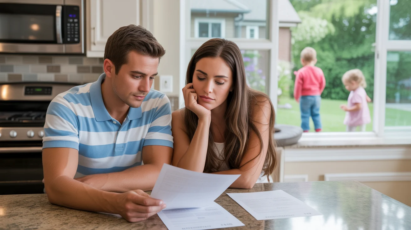 Couple reviews mortgage papers in the kitchen of their new upscale Naperville home