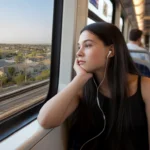 Teenage girl wearing earbuds looking out the window of a light rail train at sunset in Murrieta, California