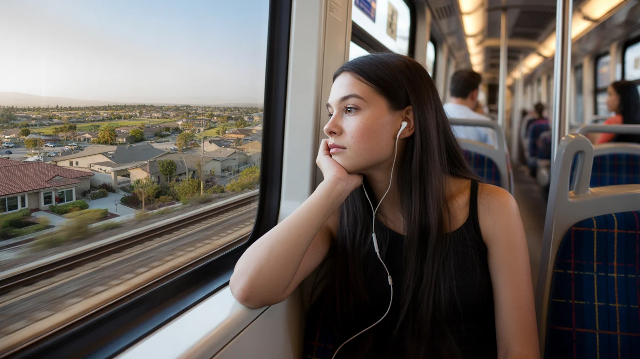 Teenage girl wearing earbuds looking out the window of a light rail train at sunset in Murrieta, California