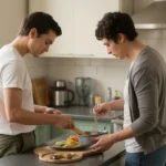 Couple cooking together in a minimalist Pasadena apartment kitchen