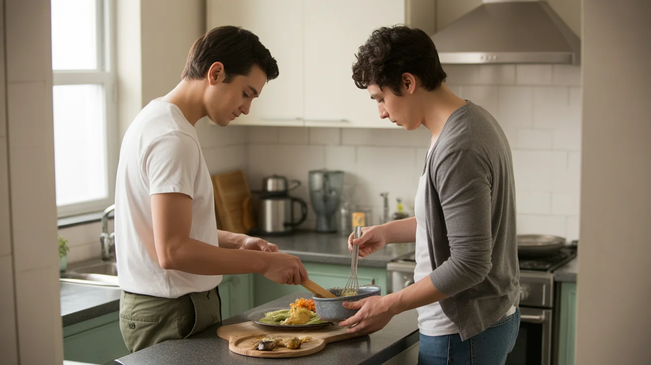 Couple cooking together in a minimalist Pasadena apartment kitchen
