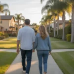 A couple walking through an Orange, CA neighborhood at sunset, looking at houses