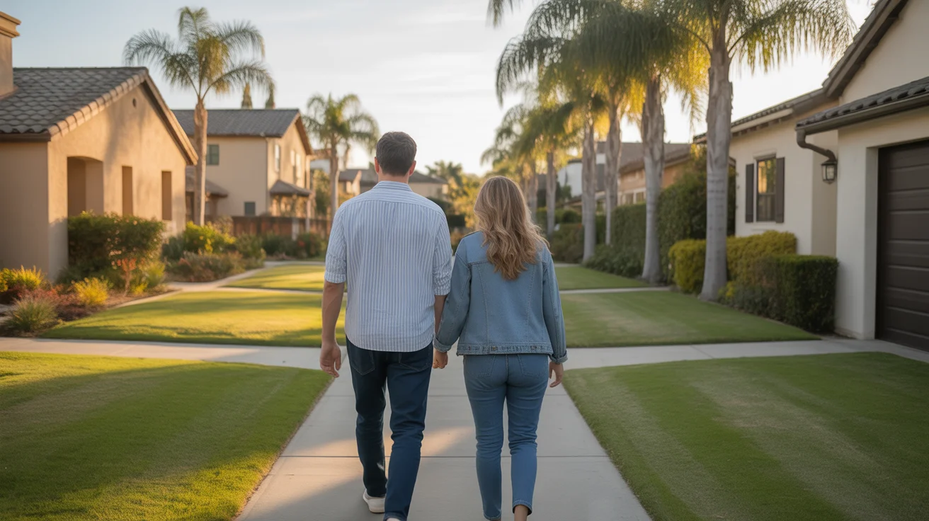 A couple walking through an Orange, CA neighborhood at sunset, looking at houses