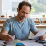 Man reviewing monthly budget and expenses at kitchen table in Joliet home