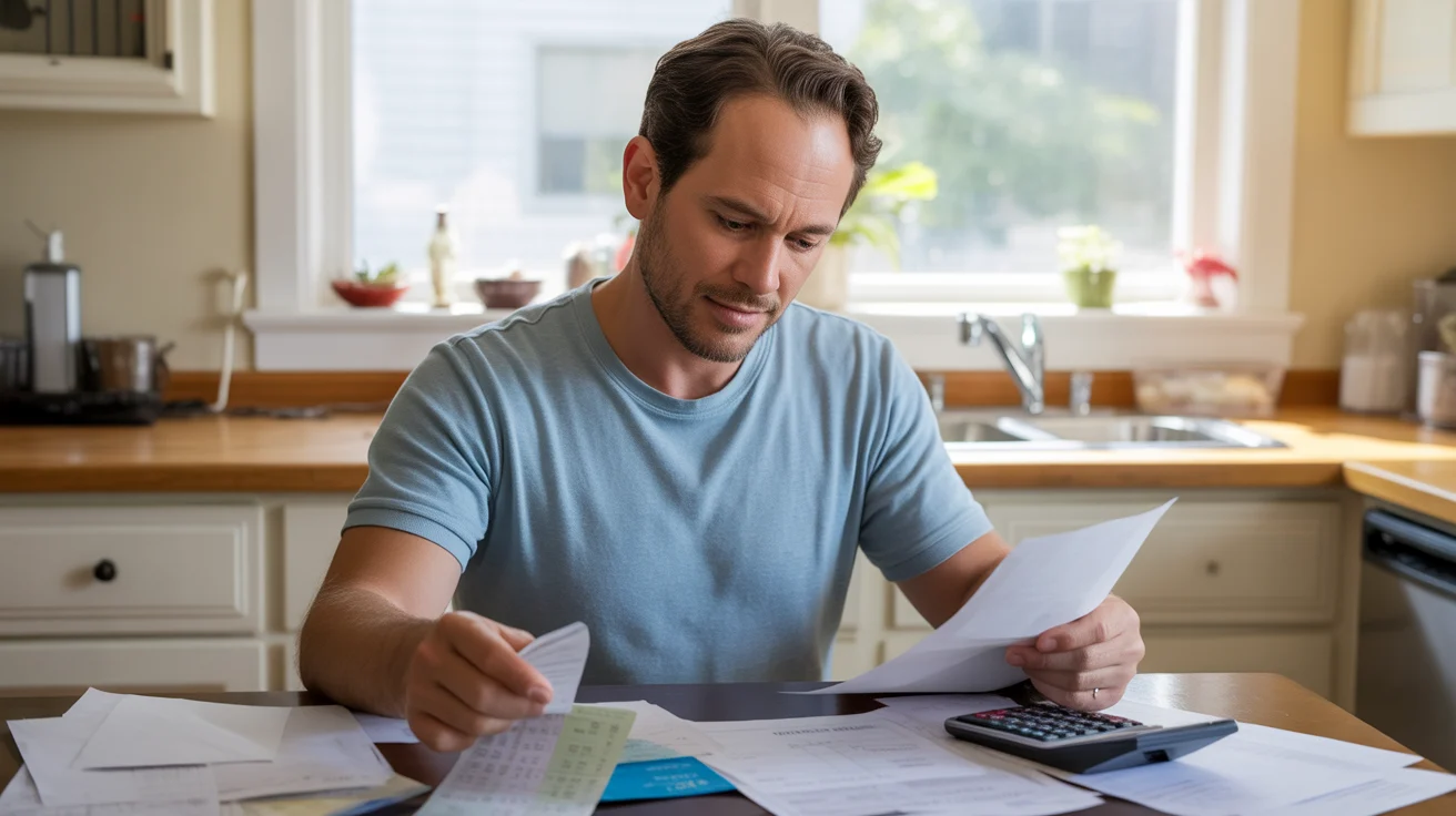 Man reviewing monthly budget and expenses at kitchen table in Joliet home