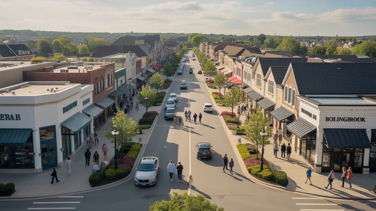 Aerial view of shoppers at busy upscale commercial center in Bolingbrook