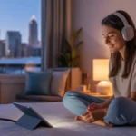 Woman relaxes in bed streaming shows in her cozy Charlotte apartment at night