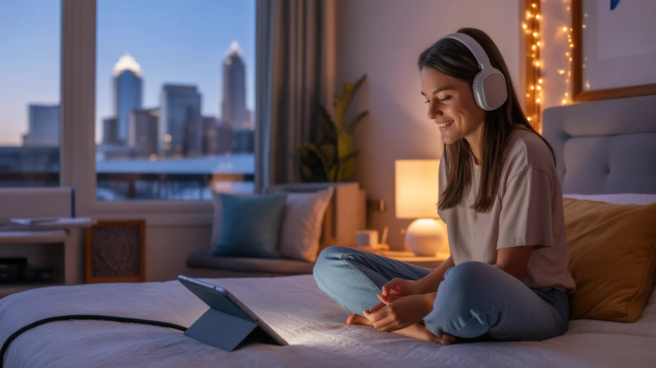 Woman relaxes in bed streaming shows in her cozy Charlotte apartment at night