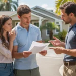 Couple reviewing landscaping estimate with contractor outside new Lakeland home