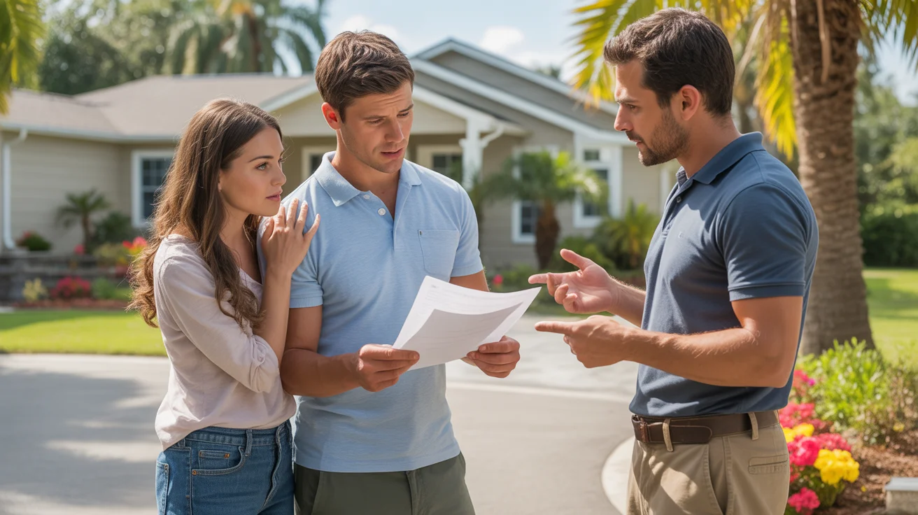 Couple reviewing landscaping estimate with contractor outside new Lakeland home