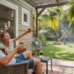 Couple relaxing on shaded patio in Kissimmee, FL backyard