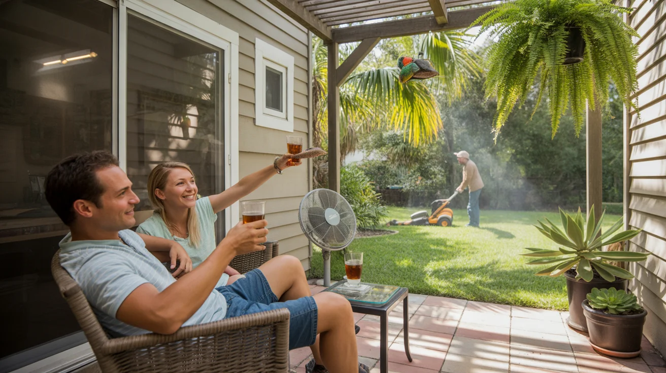 Couple relaxing on shaded patio in Kissimmee, FL backyard