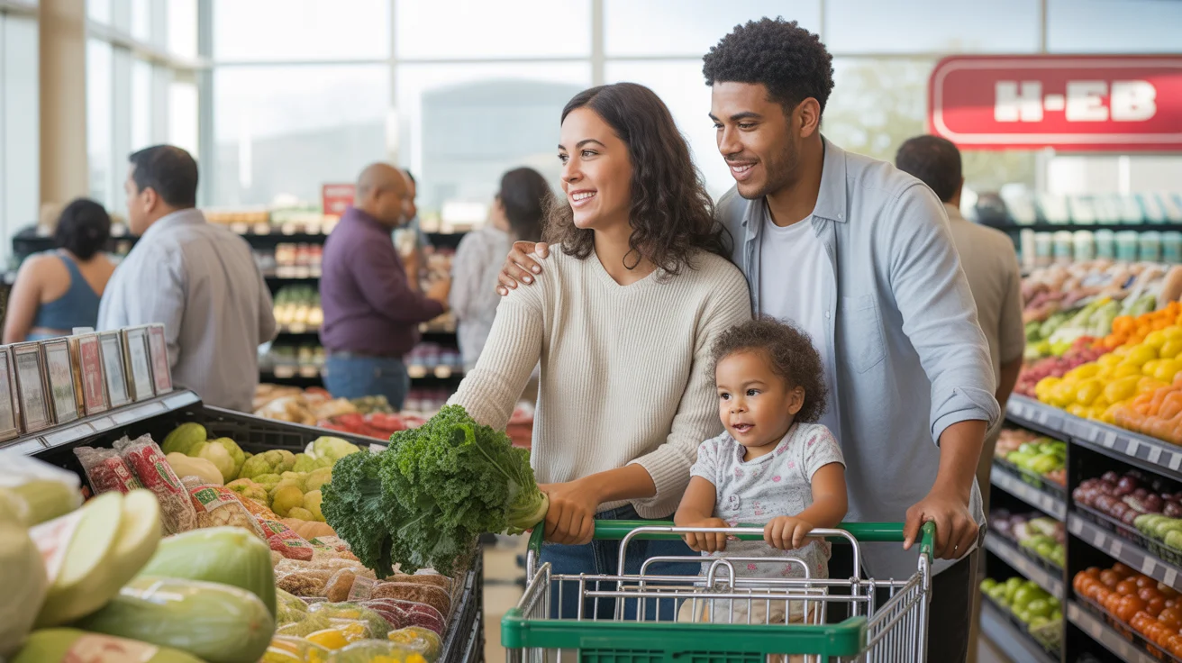 A couple grocery shopping with their toddler in Georgetown, Texas