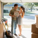 A young couple unpacks boxes in the garage of their new suburban home in Round Rock, TX, surrounded by moving supplies and household items.