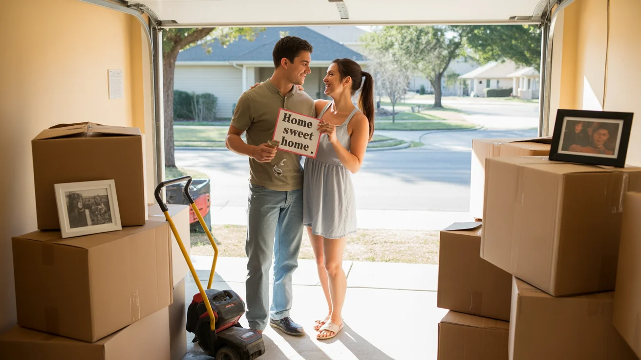 A young couple unpacks boxes in the garage of their new suburban home in Round Rock, TX, surrounded by moving supplies and household items.