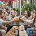 Friends toasting drinks at an outdoor cafe in Kissimmee, FL with dogs resting at their feet