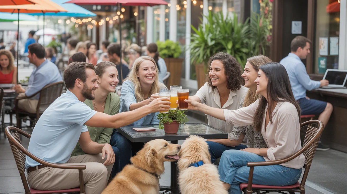 Friends toasting drinks at an outdoor cafe in Kissimmee, FL with dogs resting at their feet