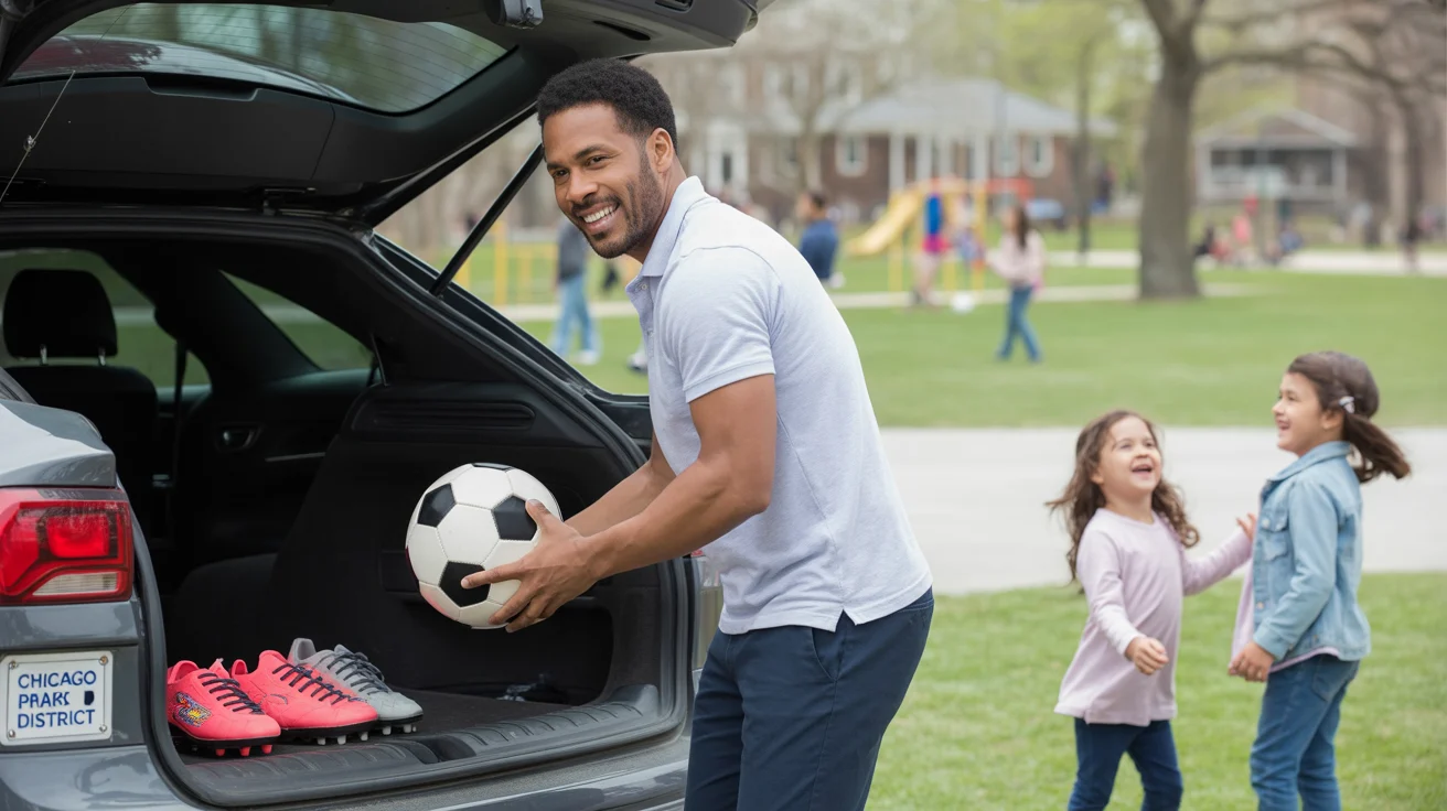 Father loading sports equipment into car trunk at Chicago park