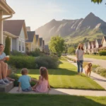 Couple relaxing on front porch of suburban Boulder home as kids play in yard