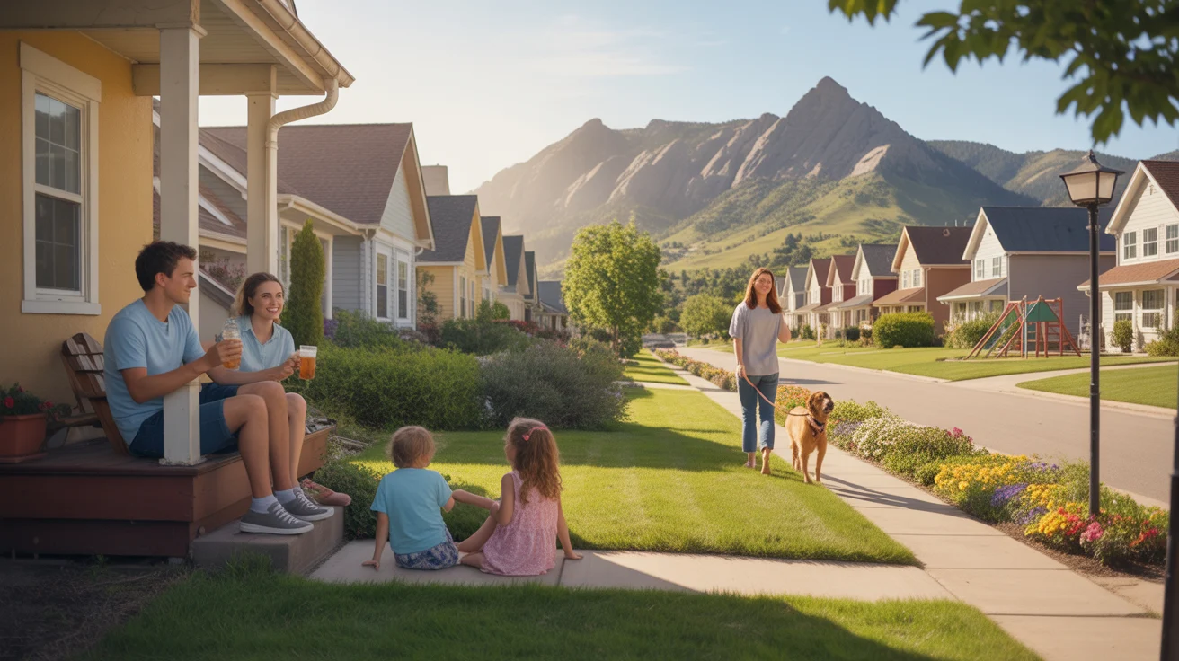 Couple relaxing on front porch of suburban Boulder home as kids play in yard