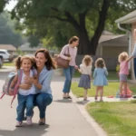 Single mother picking up young daughter from small home daycare in Westminster Colorado suburb