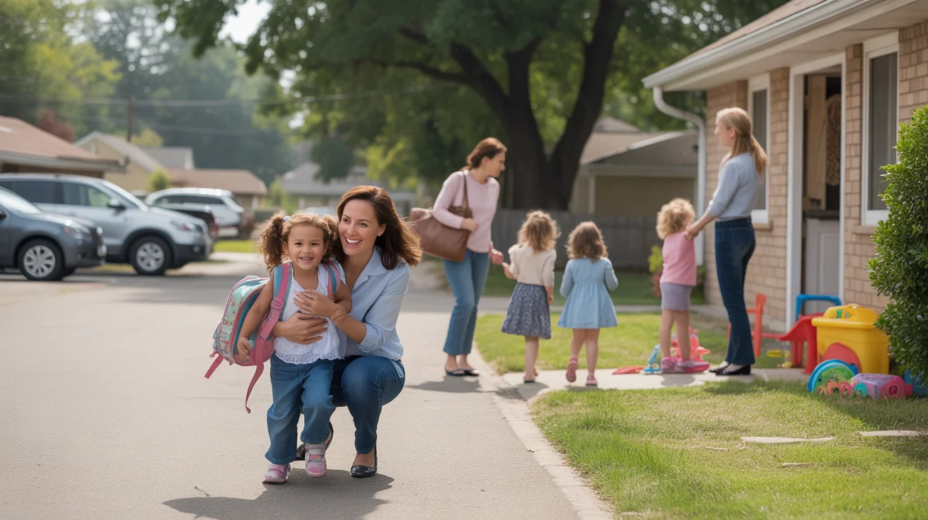 Single mother picking up young daughter from small home daycare in Westminster Colorado suburb
