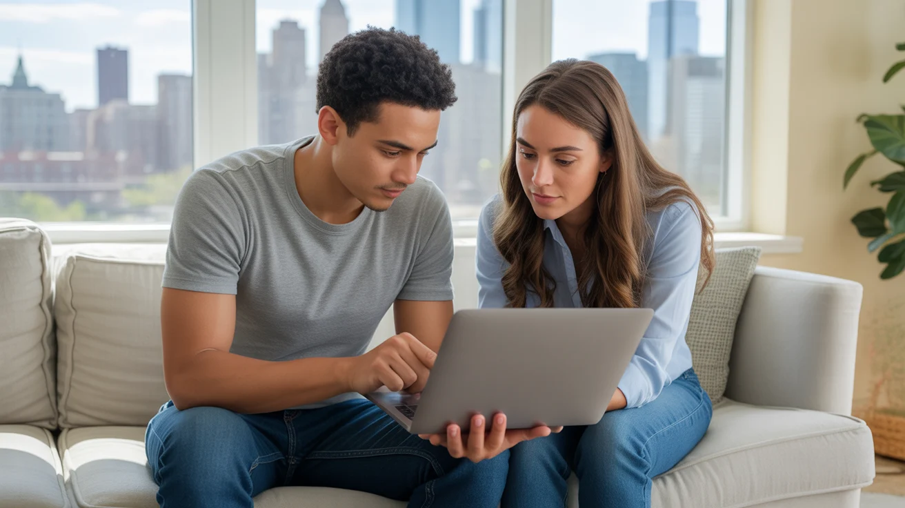 Couple comparing cost of living in their Gastonia apartment