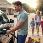 Man filling up SUV with gas at a Frisco, TX station at sunset
