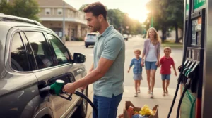 Man filling up SUV with gas at a Frisco, TX station at sunset