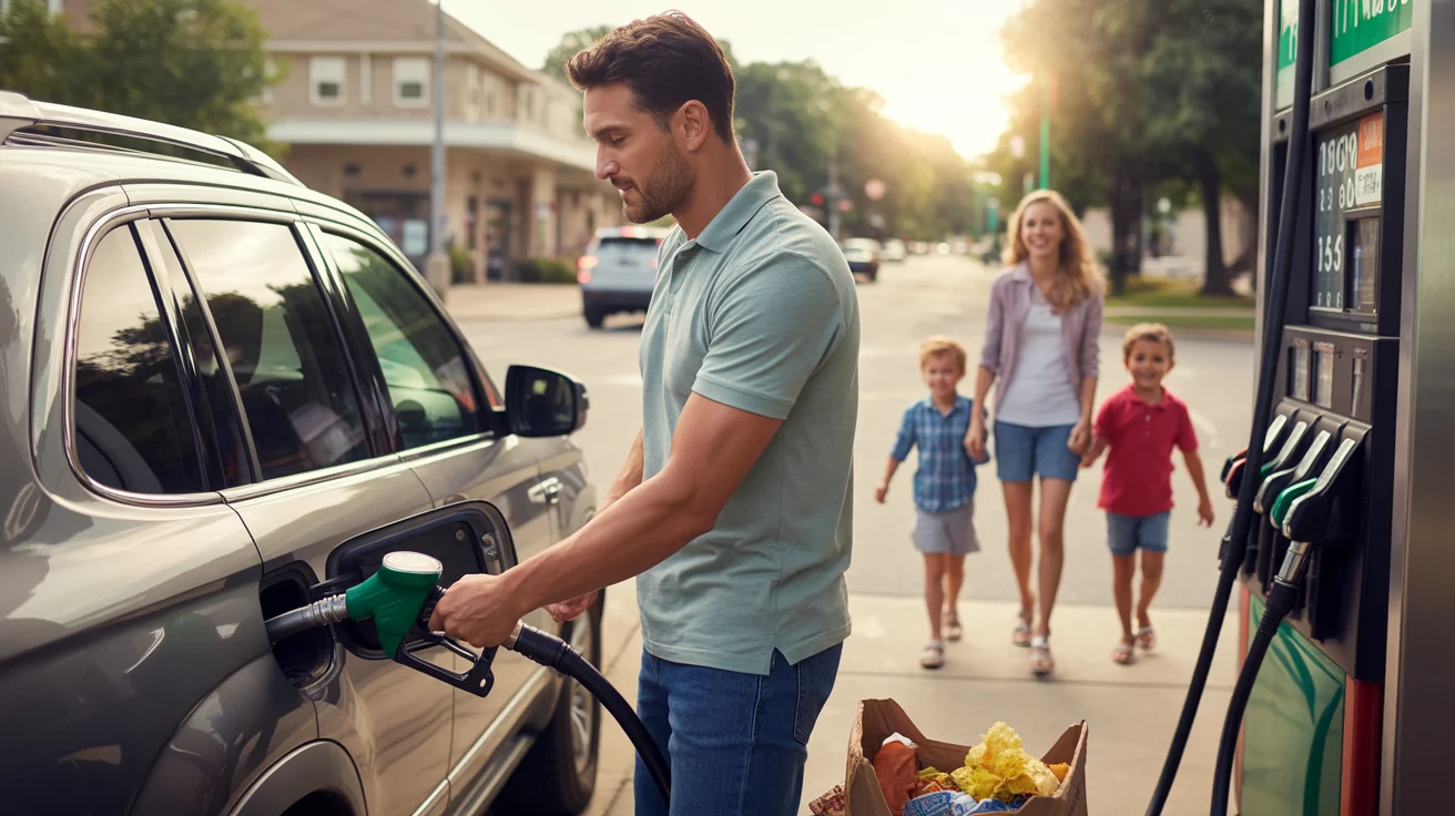 Man filling up SUV with gas at a Frisco, TX station at sunset