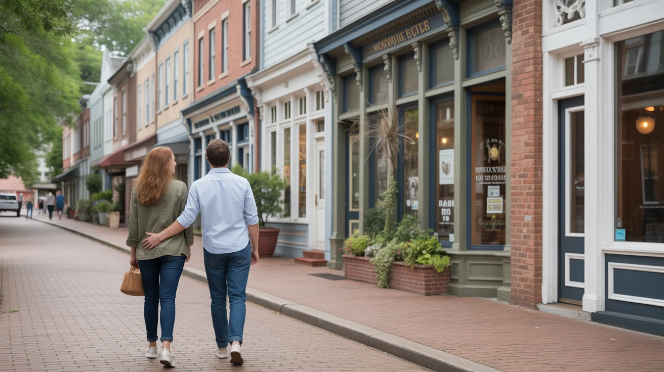 Friends admire the architecture while walking down Monroe's quaint, historic Main Street