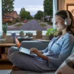 Woman relaxes on couch watching movie on laptop with headphones in Arvada living room at night