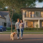 A couple walks their dog past a house and apartment building in The Woodlands, TX at sunset