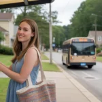 Young woman checking bus schedule at neighborhood shelter in Apex, NC