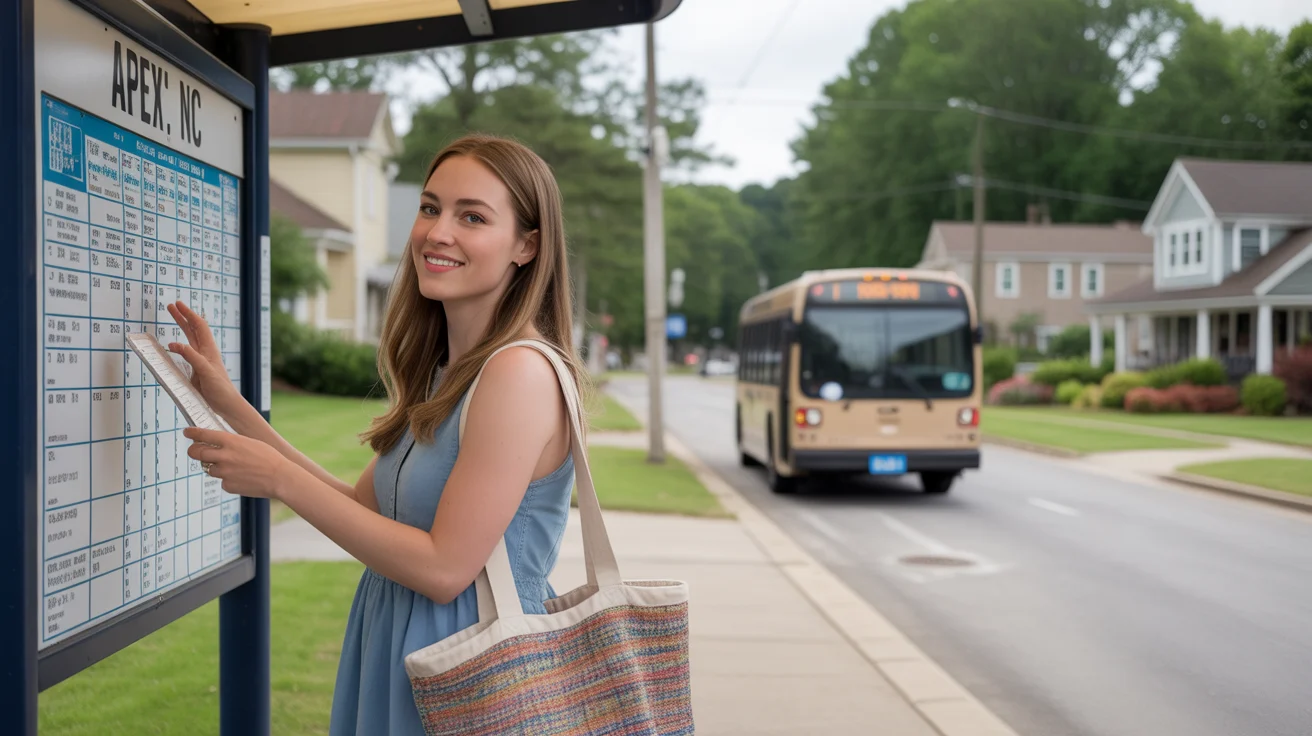 Young woman checking bus schedule at neighborhood shelter in Apex, NC