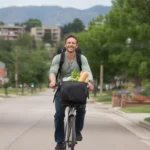 Man riding bicycle with backpack full of groceries on suburban street in Westminster, Colorado