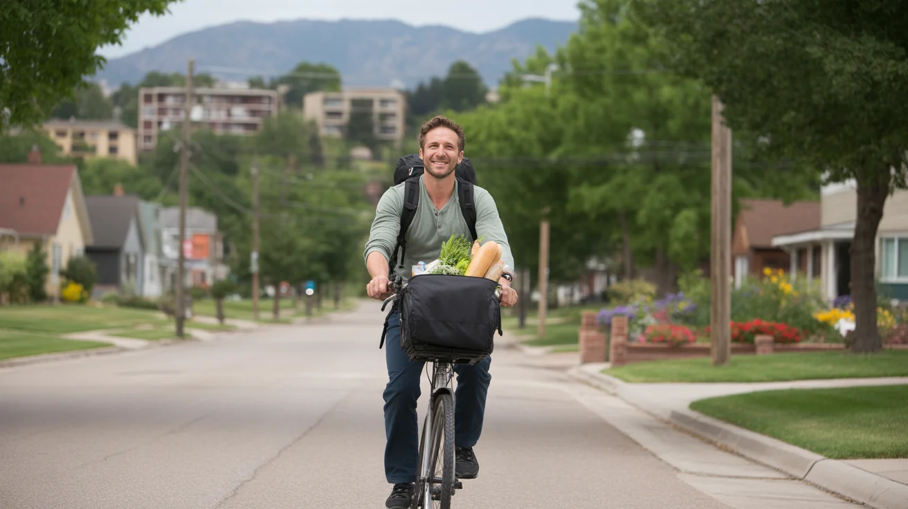 Man riding bicycle with backpack full of groceries on suburban street in Westminster, Colorado