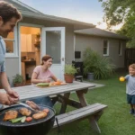 Father grilling dinner on back patio of Georgetown TX home as son plays with dog and mother prepares vegetables at picnic table