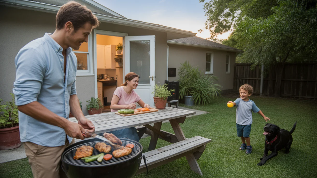 Father grilling dinner on back patio of Georgetown TX home as son plays with dog and mother prepares vegetables at picnic table