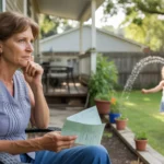 Woman fanning herself with electric bill on back porch while granddaughter plays in sprinkler
