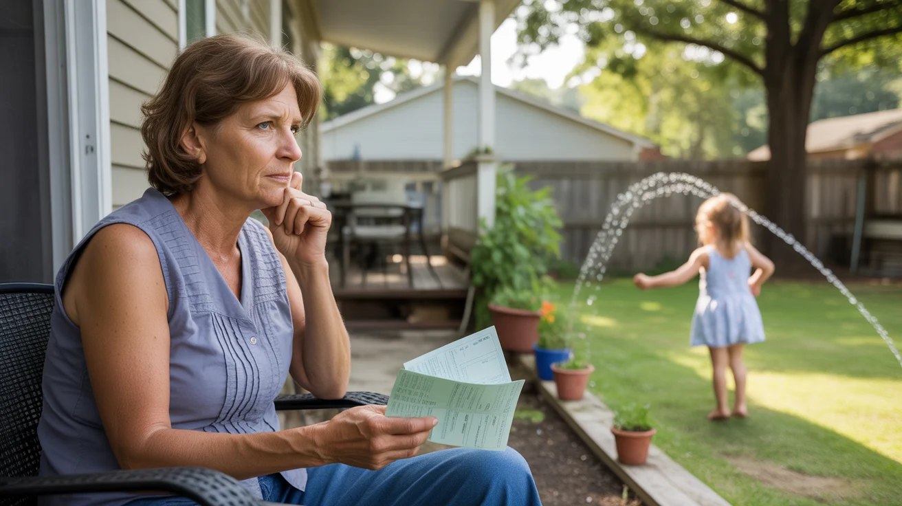 Woman fanning herself with electric bill on back porch while granddaughter plays in sprinkler