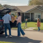 Couple unloading groceries in driveway of Highlands Ranch home