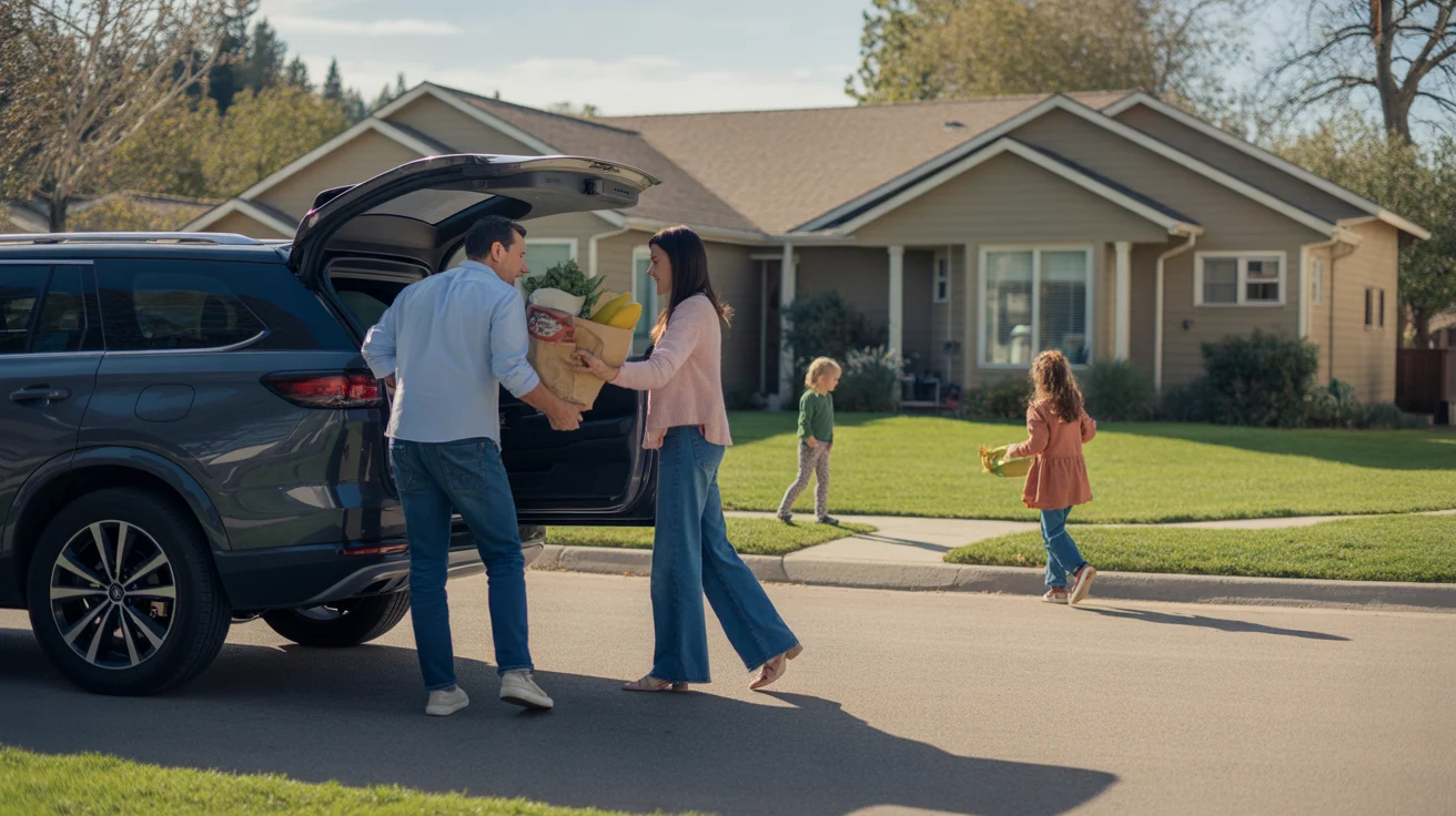 Couple unloading groceries in driveway of Highlands Ranch home
