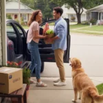 Couple unloading groceries in driveway of suburban home in Concord, NC