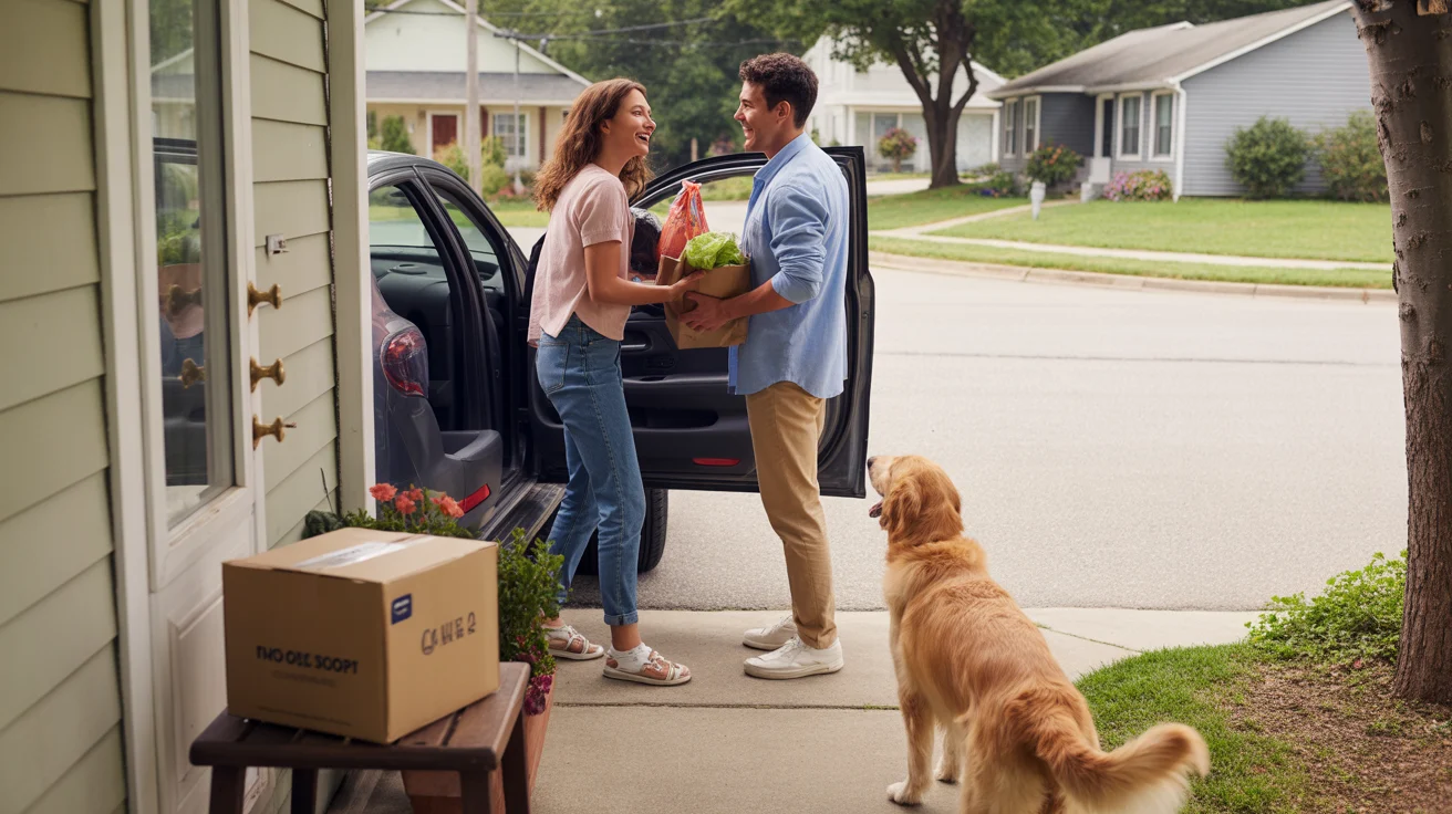Couple unloading groceries in driveway of suburban home in Concord, NC